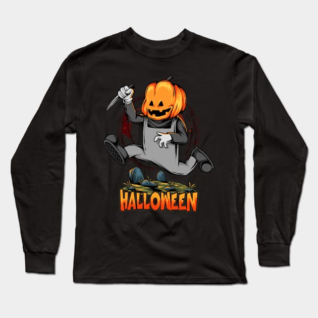 halloween pumpkin head zombie running grave with kitchen knife Long Sleeve T-Shirt by drydenshops